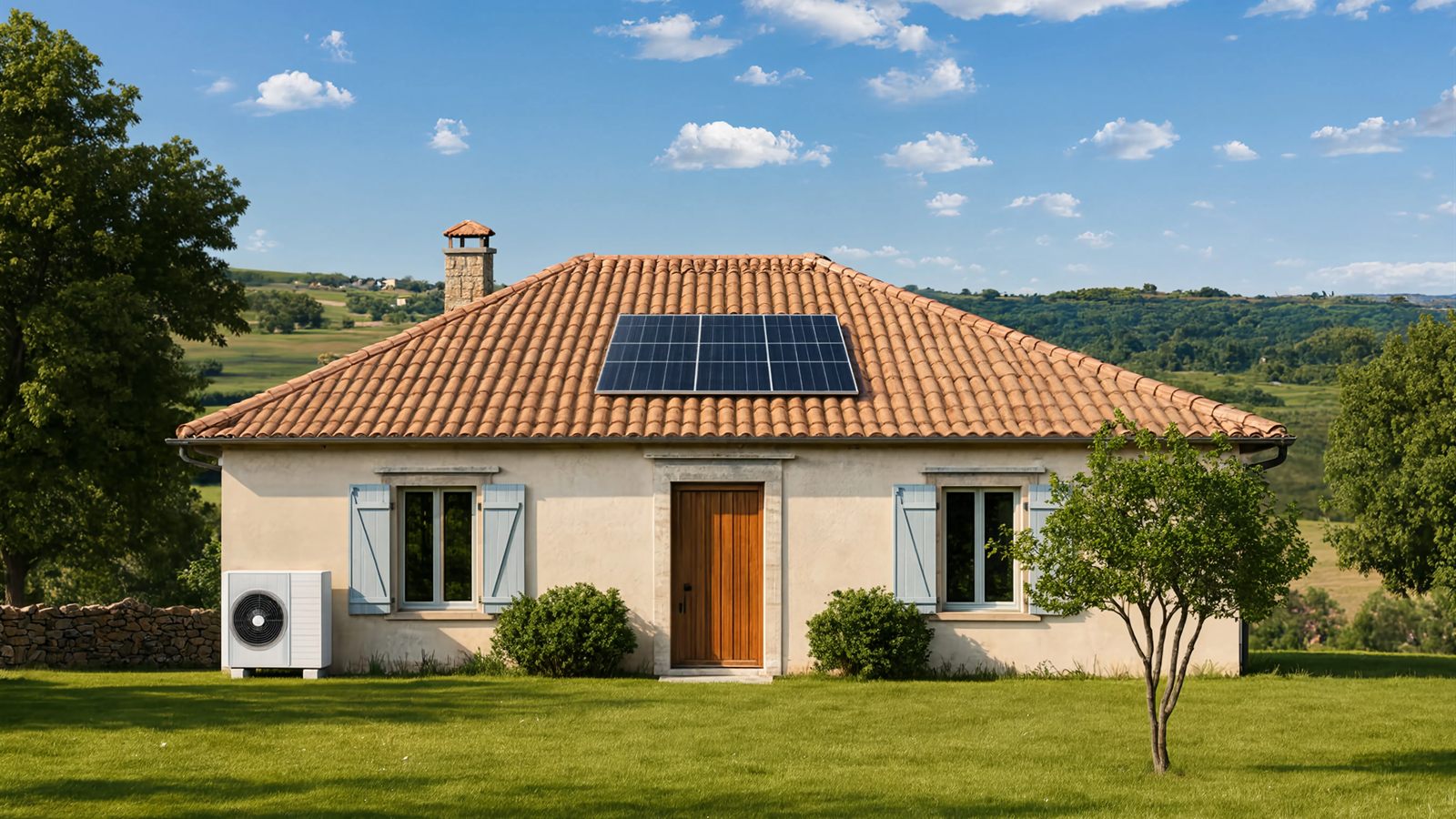 Maison équipée d'une pompe à chaleur air/eau et de panneaux solaires