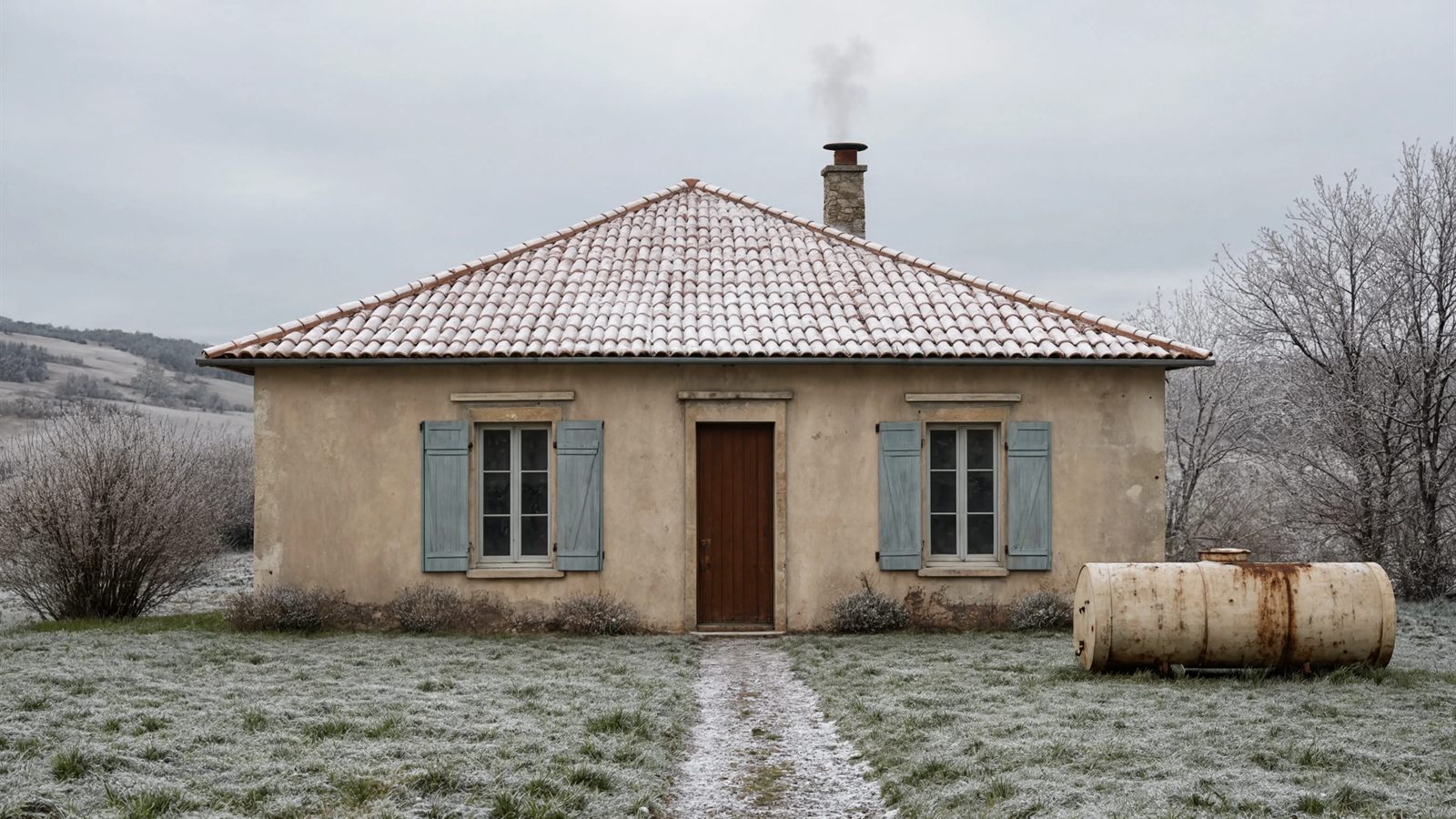 Maison chauffée au fioul en hiver, cuve dans le jardin